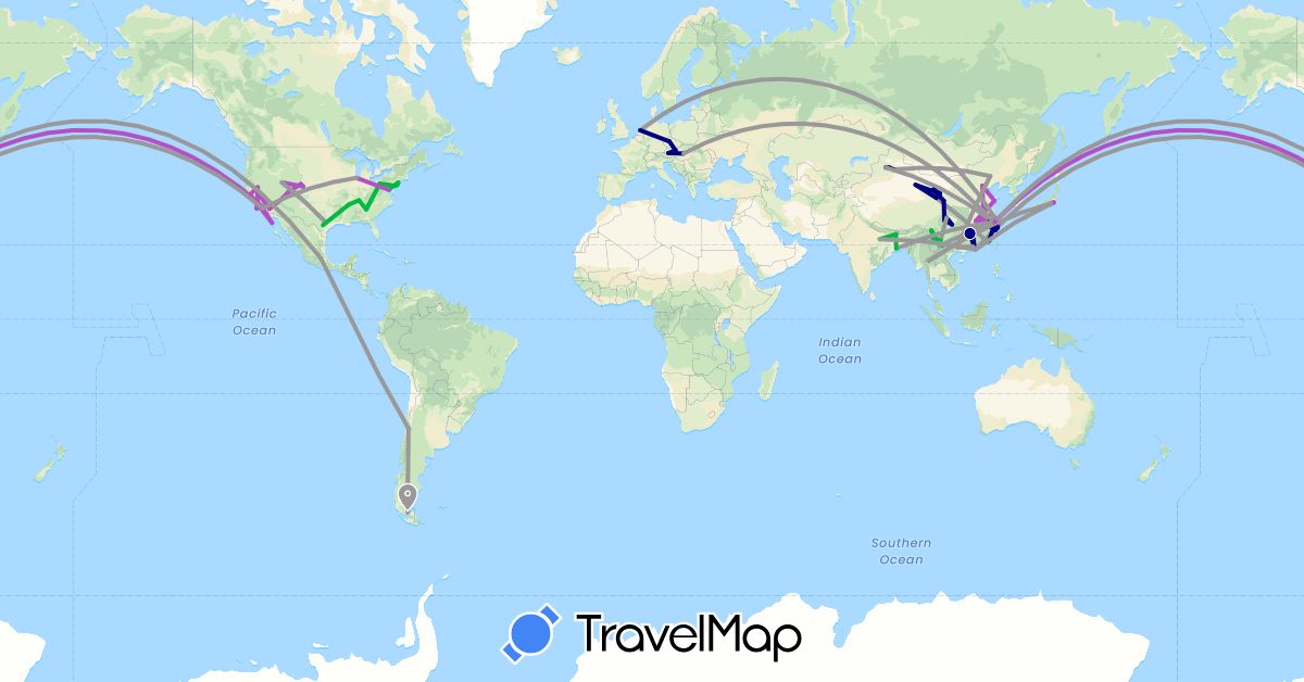 TravelMap itinerary: driving, bus, plane, train in Austria, Chile, China, Czech Republic, Hungary, India, Japan, Mexico, Netherlands, Thailand, United States (Asia, Europe, North America, South America)